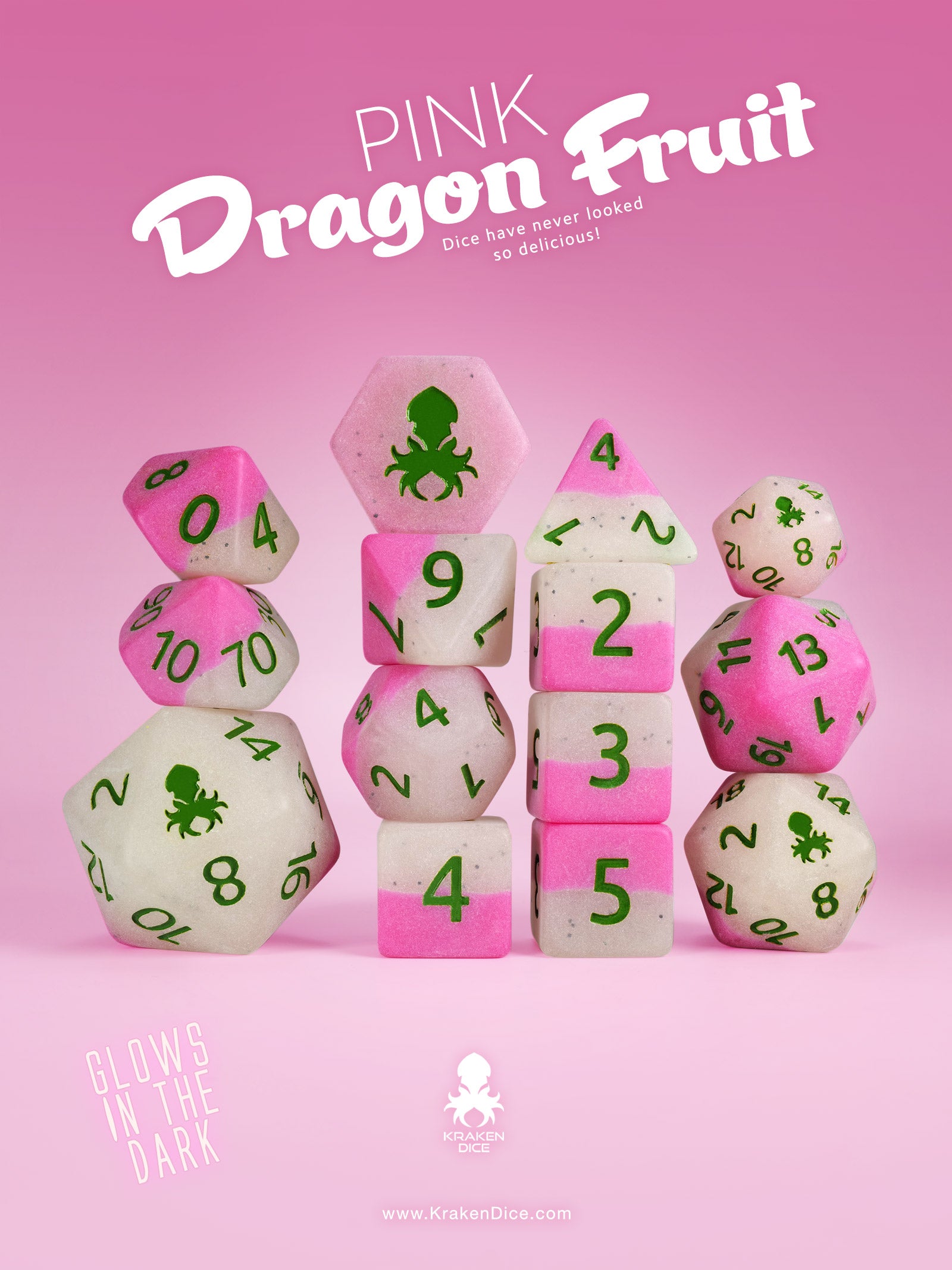 Pink Dragon Fruit Glow in the Dark 14pc Dice Set inked in Green